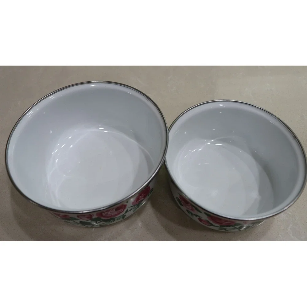 Vintage Enamelware Pink Rose Floral Nesting Bowls Set of 2 White Silver Rim